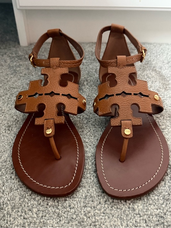Tory Burch Shoes - Tory Burch Tan Brown Logo Cutout Leather Sandals